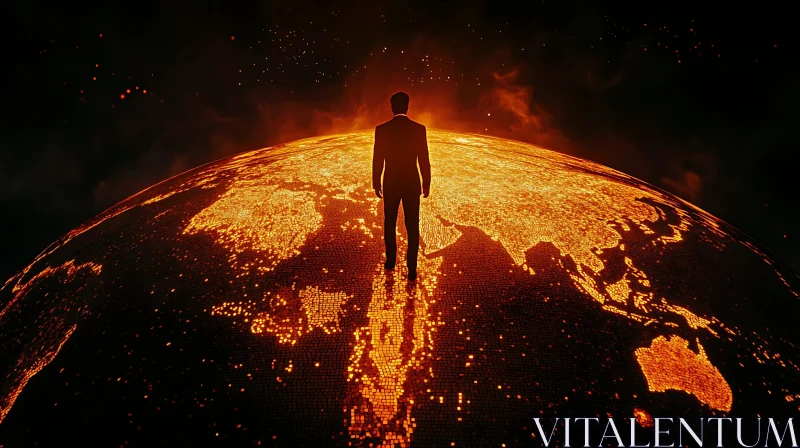 Man on a Fiery World Map AI Image