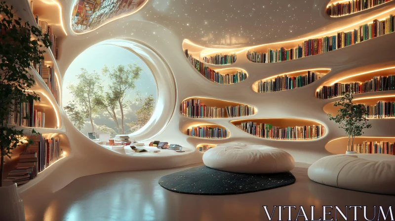 Innovative Library Design with Circular Window and Warm Lighting AI Image