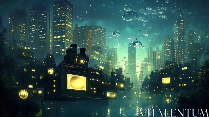 AI ART Floating Screens and Skyscrapers in a Futuristic Nightscape