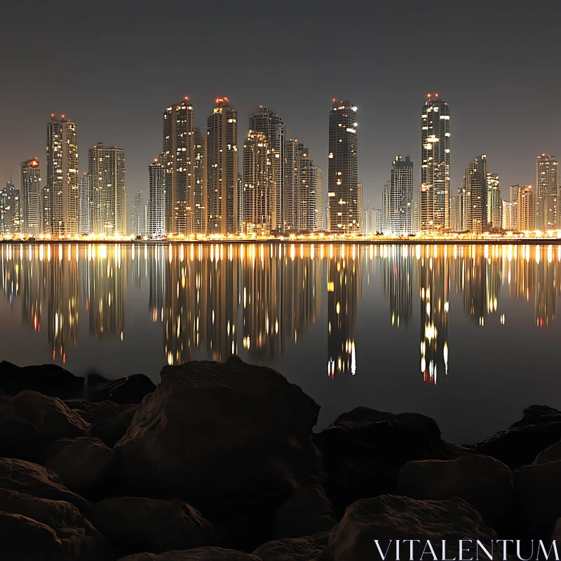 Illuminated Skyscrapers Reflecting at Night AI Image