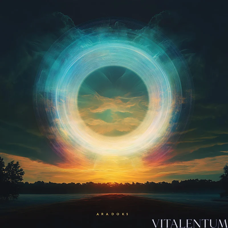 Abstract Luminous Circle over a Sunset Landscape AI Image