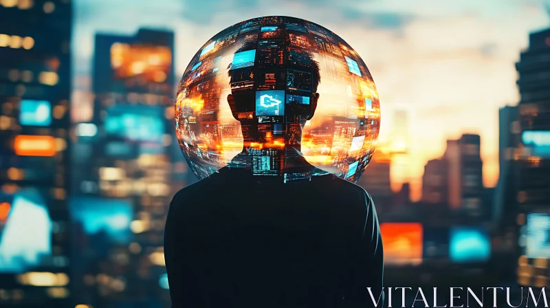 AI ART Cyber Cityscape with Digital Head Sphere