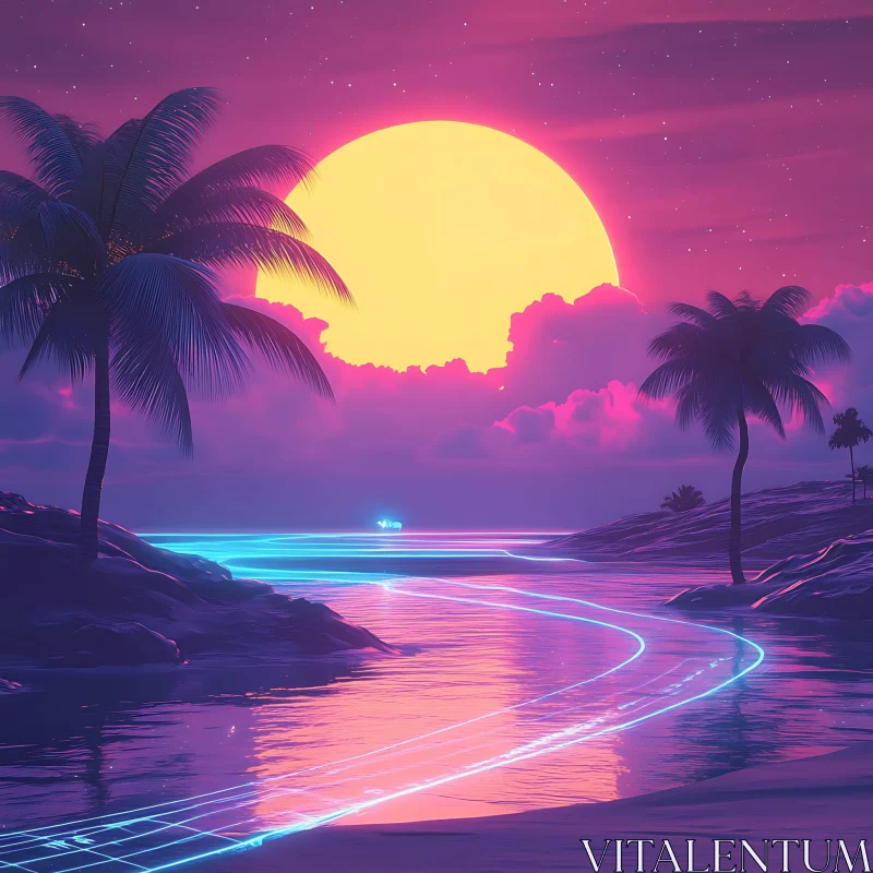 AI ART Surreal Neon Beach Sunset Scene