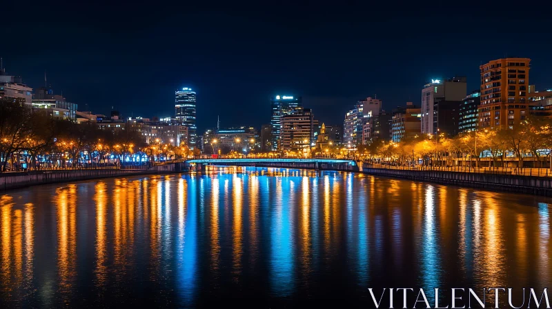 Night Cityscape with Illuminated Reflections AI Image