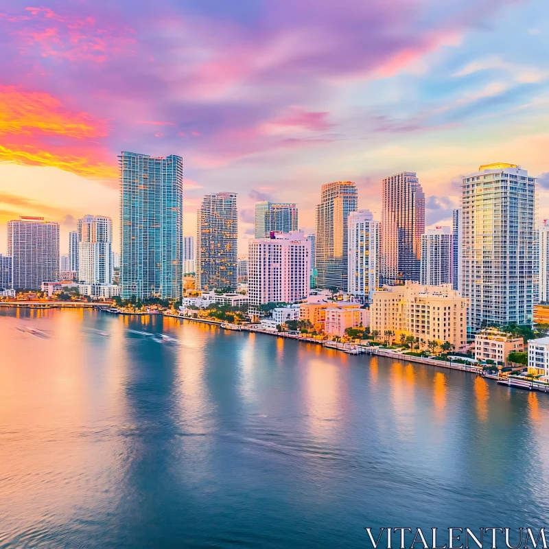 Urban Skyline at Sunset with Colorful Reflections AI Image