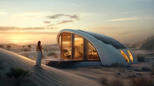 Sustainable Dome-Shaped House in a Desert Landscape during Sunset