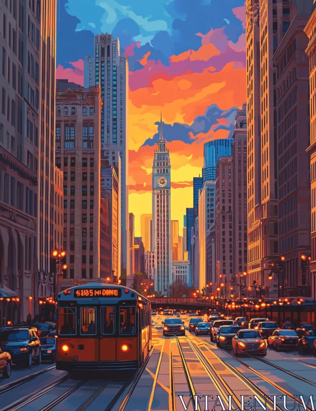 AI ART Urban Sunset with Historic and Modern Architecture