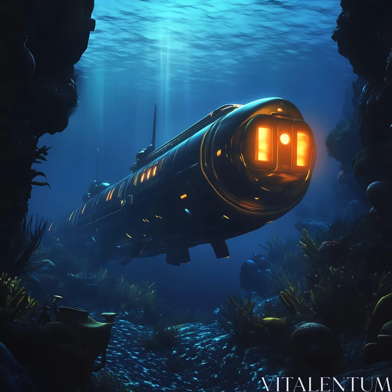 Submarine in the Mystical Ocean Depths AI Image