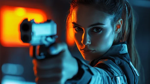 Woman with Handgun in Neon Lighting