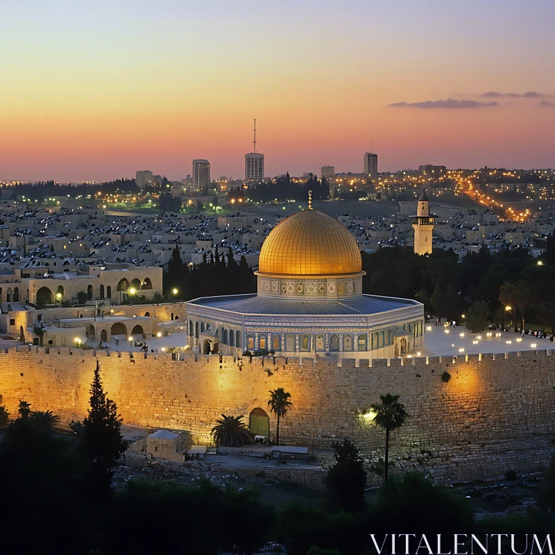 Illuminated Dome and City Lights at Sunset AI Image