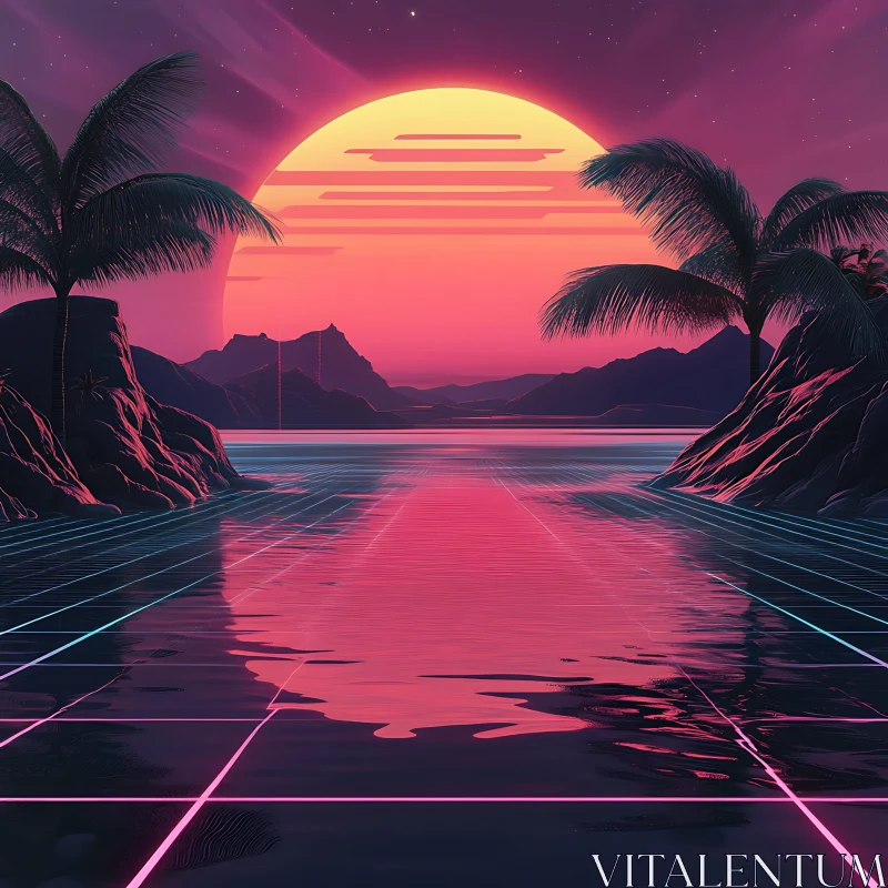 AI ART Synthwave Sunset with Neon Palm Trees and Ocean