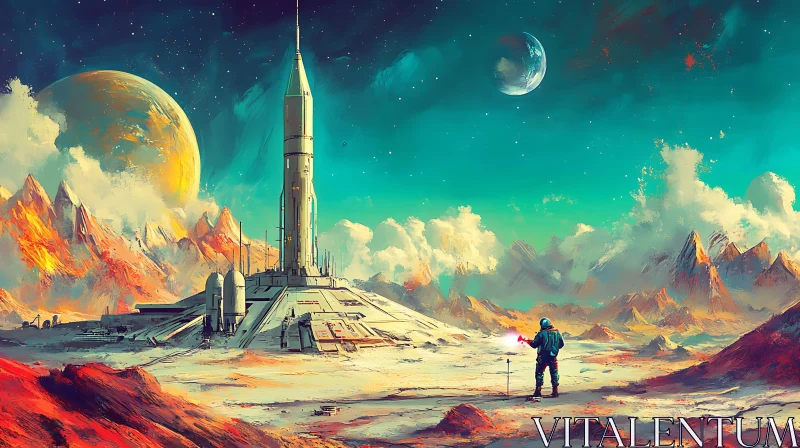 Astronaut and Rocket on Alien Planet AI Image