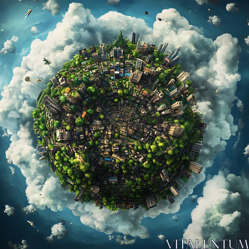 AI ART Floating City Sphere Surrounded by Clouds