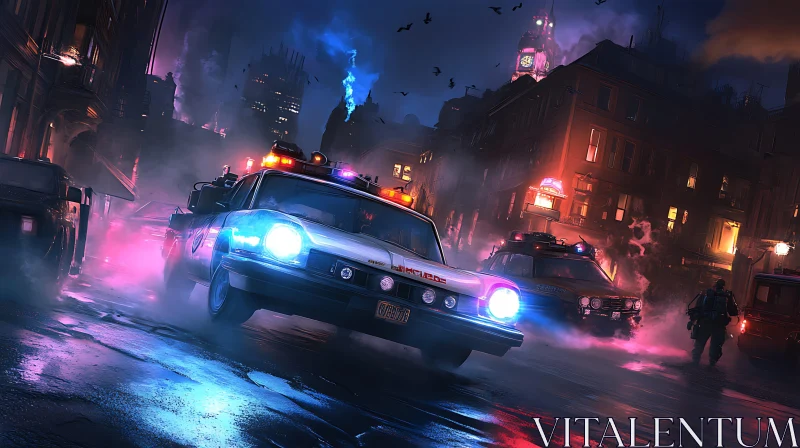 AI ART Nighttime Police Chase in City Fog