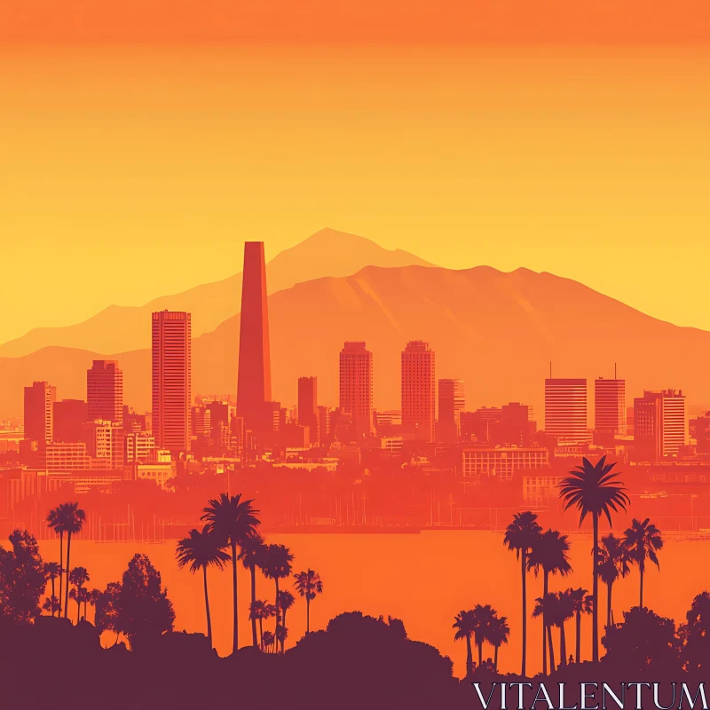 AI ART Sunset Cityscape with Mountains and Palm Trees