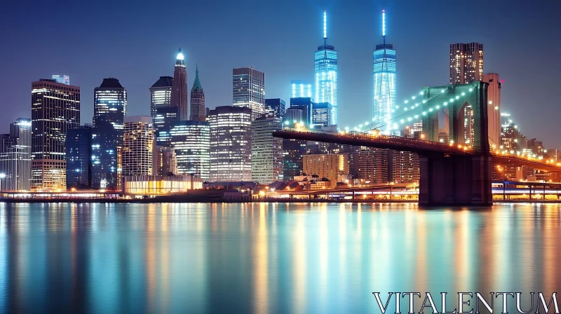 Nighttime City Skyline with Bridge and Reflections AI Image