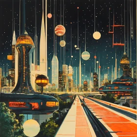 Nighttime Sci-Fi Metropolis with Neon Skyscrapers and Floating Orbs