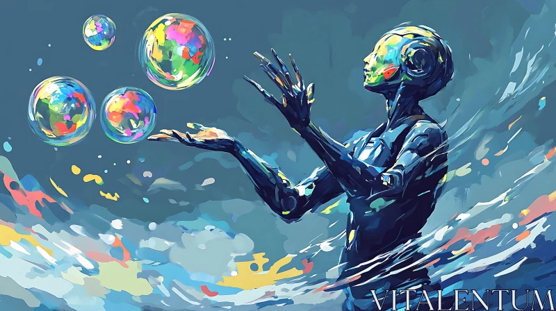 AI ART Cyborg Playing with Colorful Bubbles