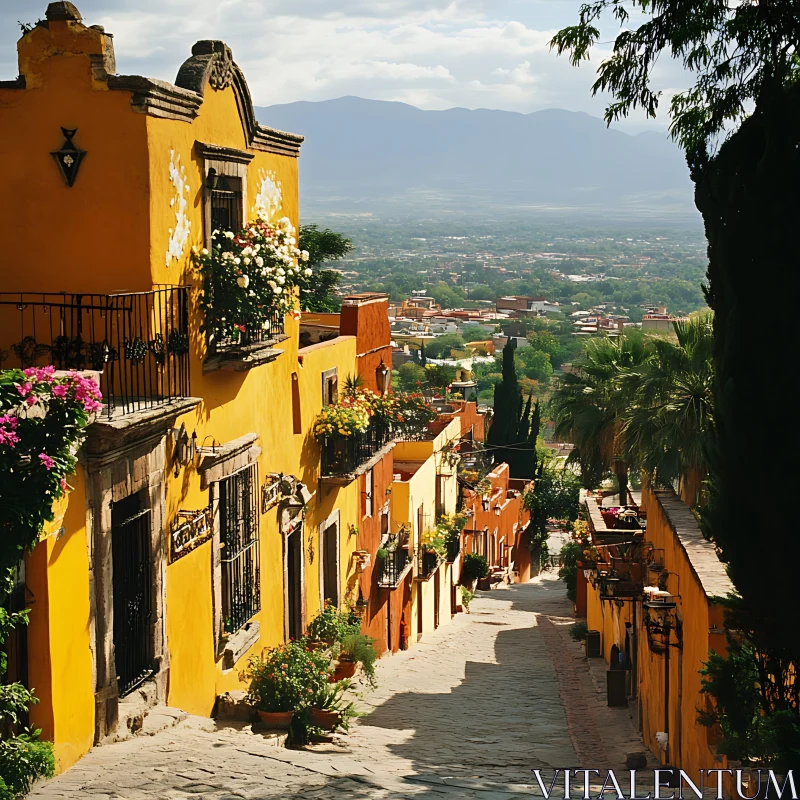 Vibrant City Street with Colorful Buildings and Flower Pots AI Image