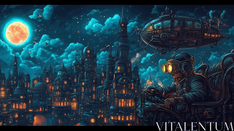 Steampunk City at Night with Airship AI Image