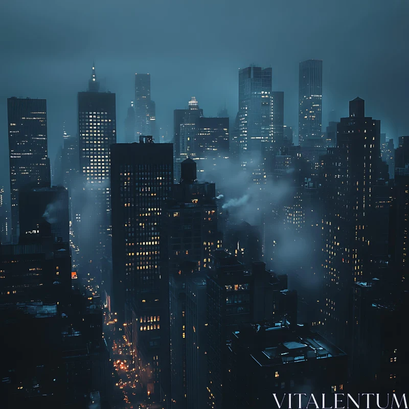 Foggy Night in the City with Illuminated Skyscrapers AI Image