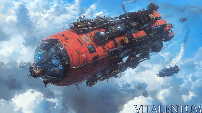 Futuristic Red Spaceship Surrounded by Smaller Vessels AI Image