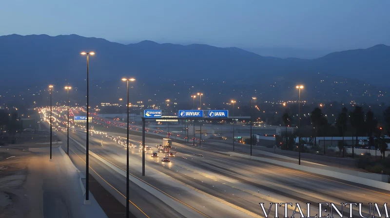 Urban Nightscape: Highway Traffic and Mountain Background AI Image