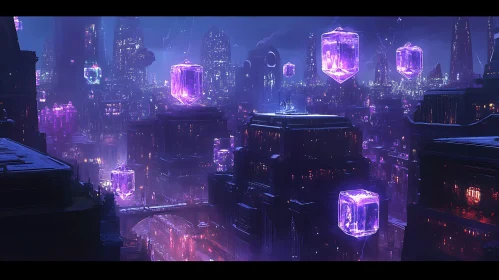 Modern Metropolis with Hovering Purple Structures