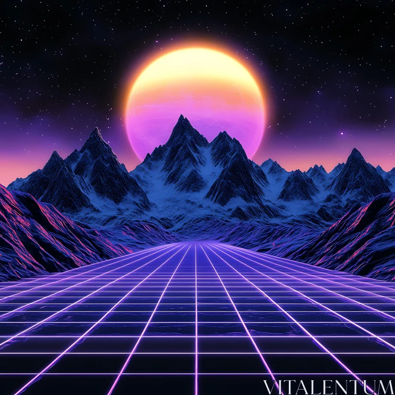 AI ART Synthwave Mountain Vista with Neon Grid