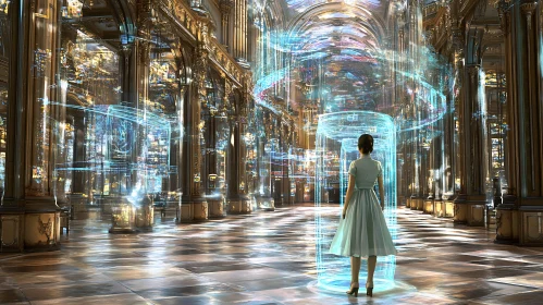 Woman in a Majestic Hall with Futuristic Holograms