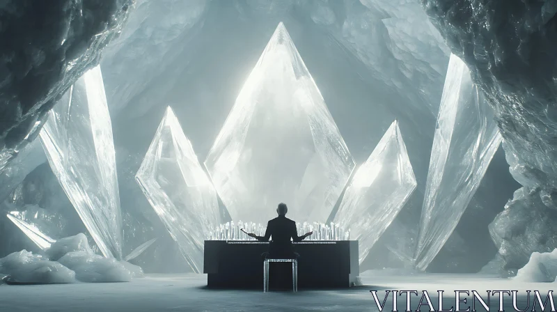 Mystical Piano Performance in Ice Cave AI Image