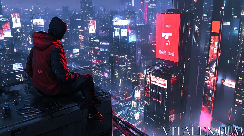 AI ART Futuristic Cyberpunk City with Hooded Observer