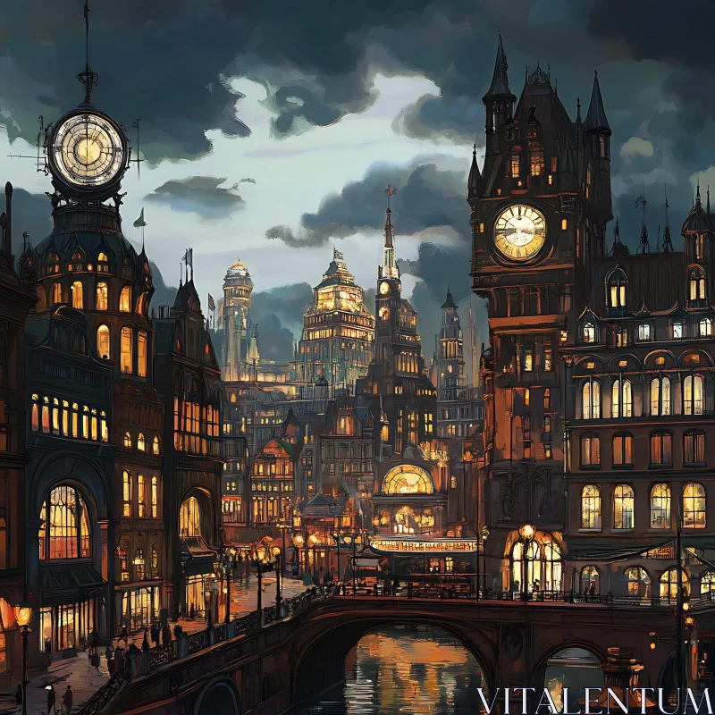 Nighttime Steampunk City with Clock Towers AI Image