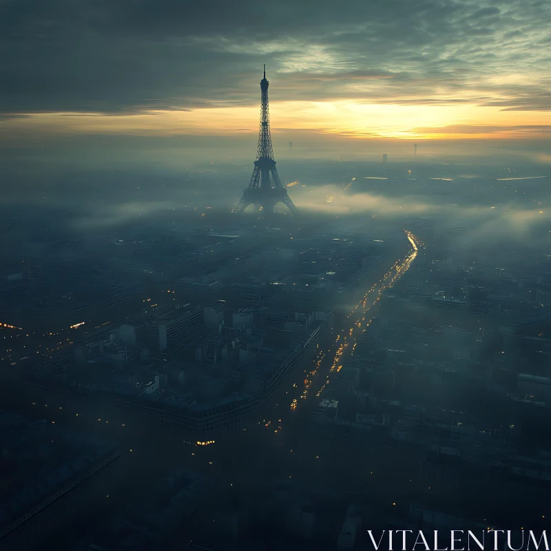 Eiffel Tower at Sunrise with Misty Paris Skyline AI Image