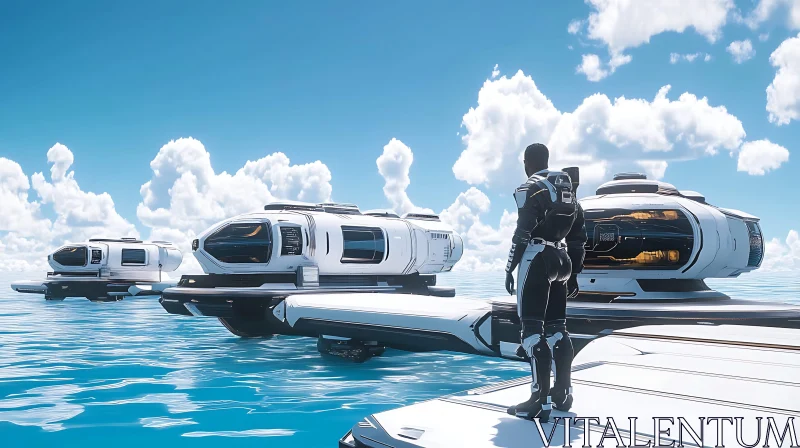 Advanced Technology and Hovercrafts Overlooking Ocean AI Image