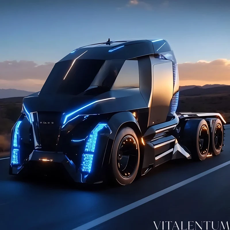 Sleek Futuristic Truck on Highway at Night AI Image