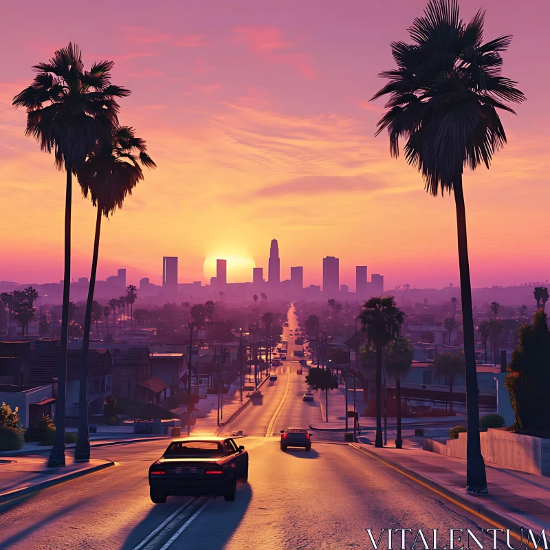 Cityscape Sunset with Palm Trees and Road AI Image