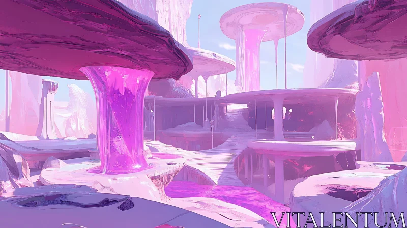 AI ART Pink Fantasy Mushroom Waterfall