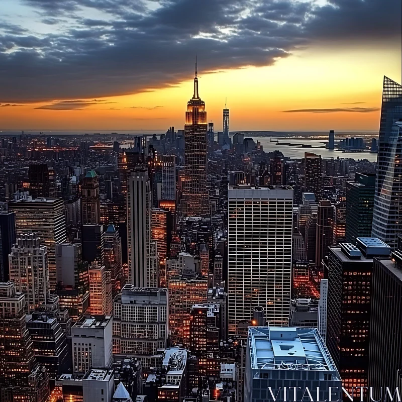 AI ART Urban Skyline at Sunset Featuring Skyscrapers