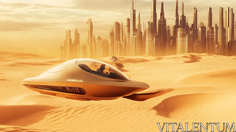 AI ART Sleek Hovercar Flying Over Desert towards a Utopian City