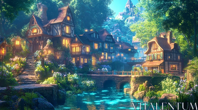 Dreamy Cottage Village by the River AI Image