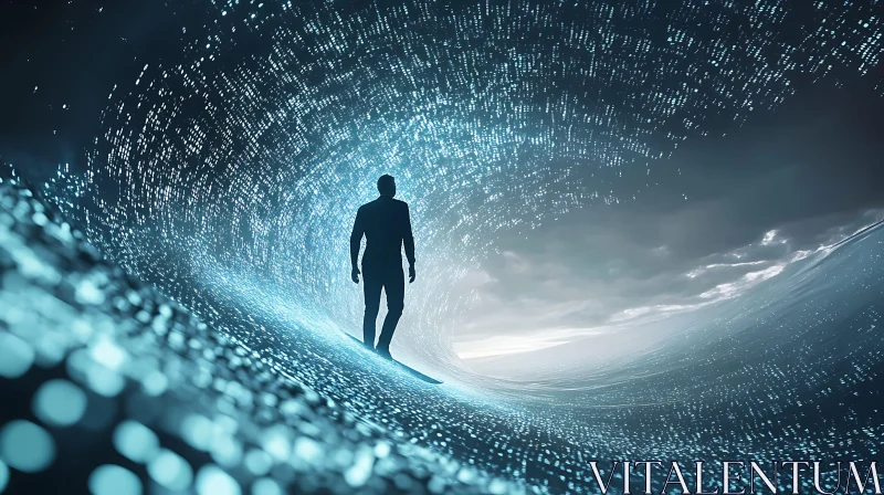 Surreal Digital Wave Tunnel with Surfer AI Image