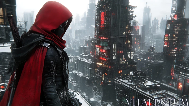 Red Hooded Character in Cyberpunk Cityscape AI Image