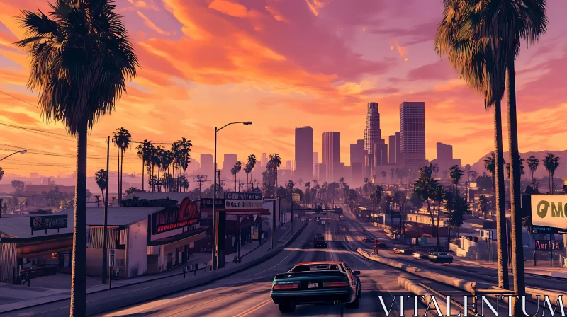 Urban Sunset with Car and Palm Trees AI Image