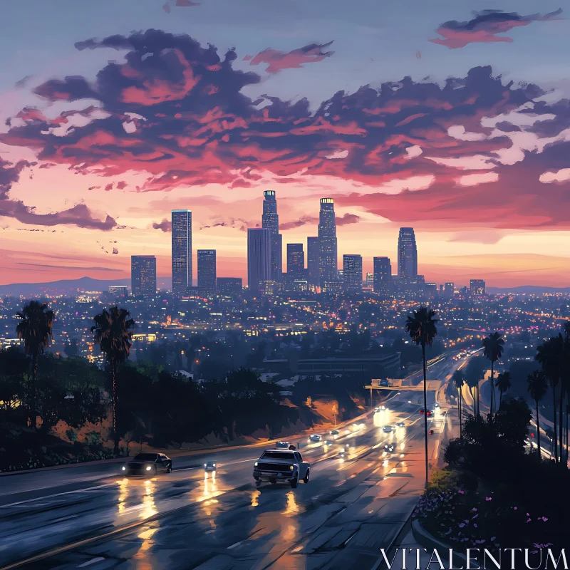 Urban Sunset with Vibrant City Lights and Skyscrapers AI Image