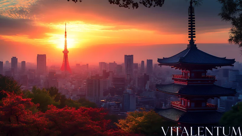 AI ART Tokyo Sunset with Pagoda and Skyscrapers