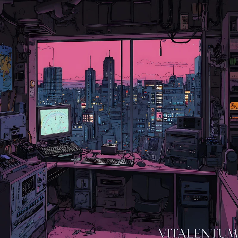 Neon City View from a Vintage Computer Room AI Image