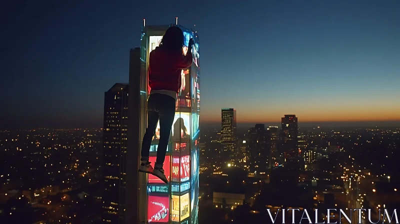 AI ART Urban Climber on Neon-Lit Tower at Dusk