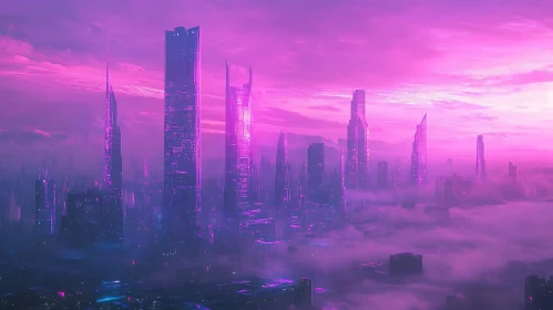 Dreamlike Futuristic Metropolis in Purple Mist