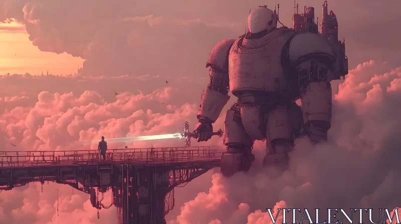 Colossal Robot Confrontation at Sunset AI Image